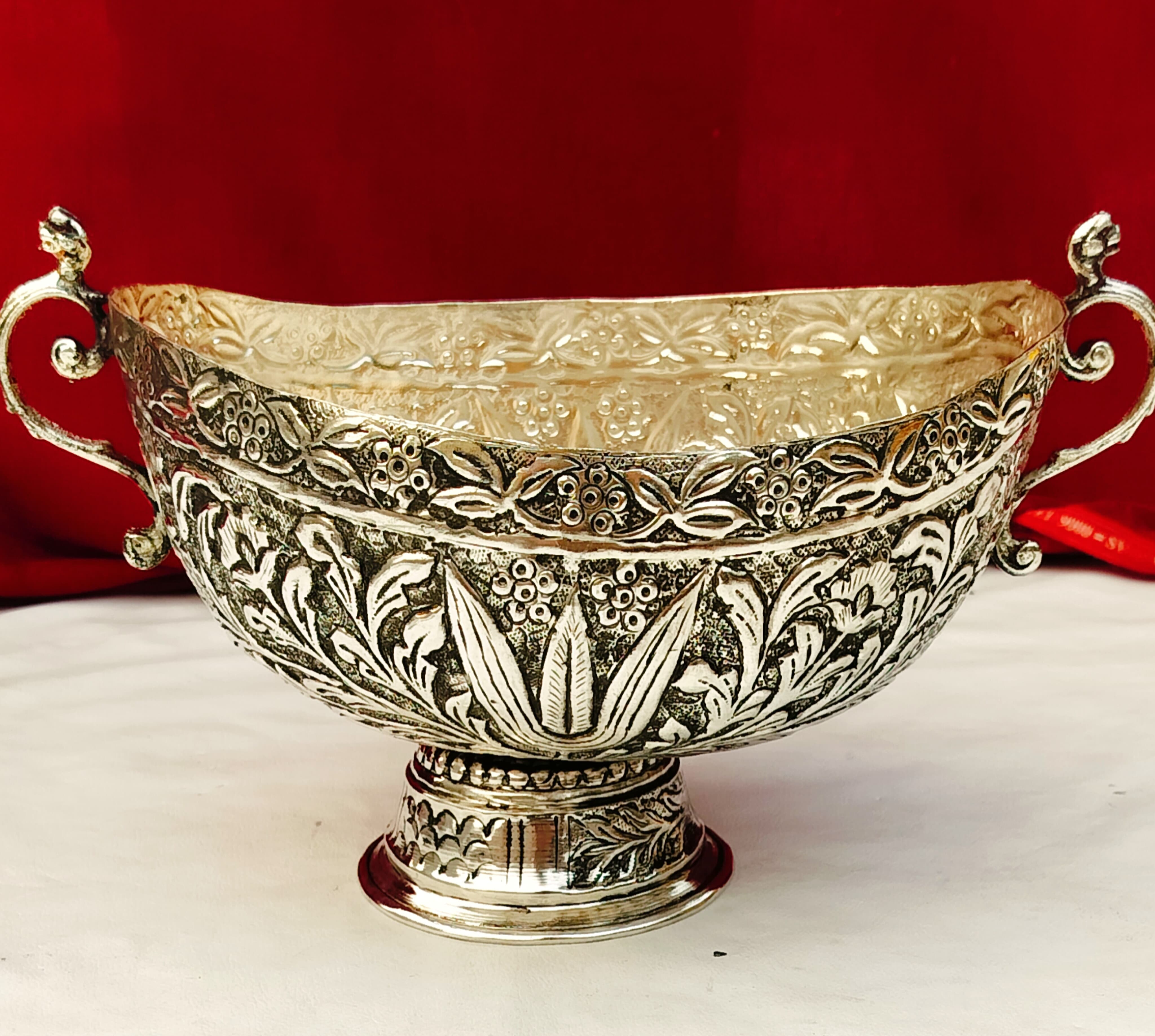 German silver oval urli/fruit snacks bowl with 2 side handle